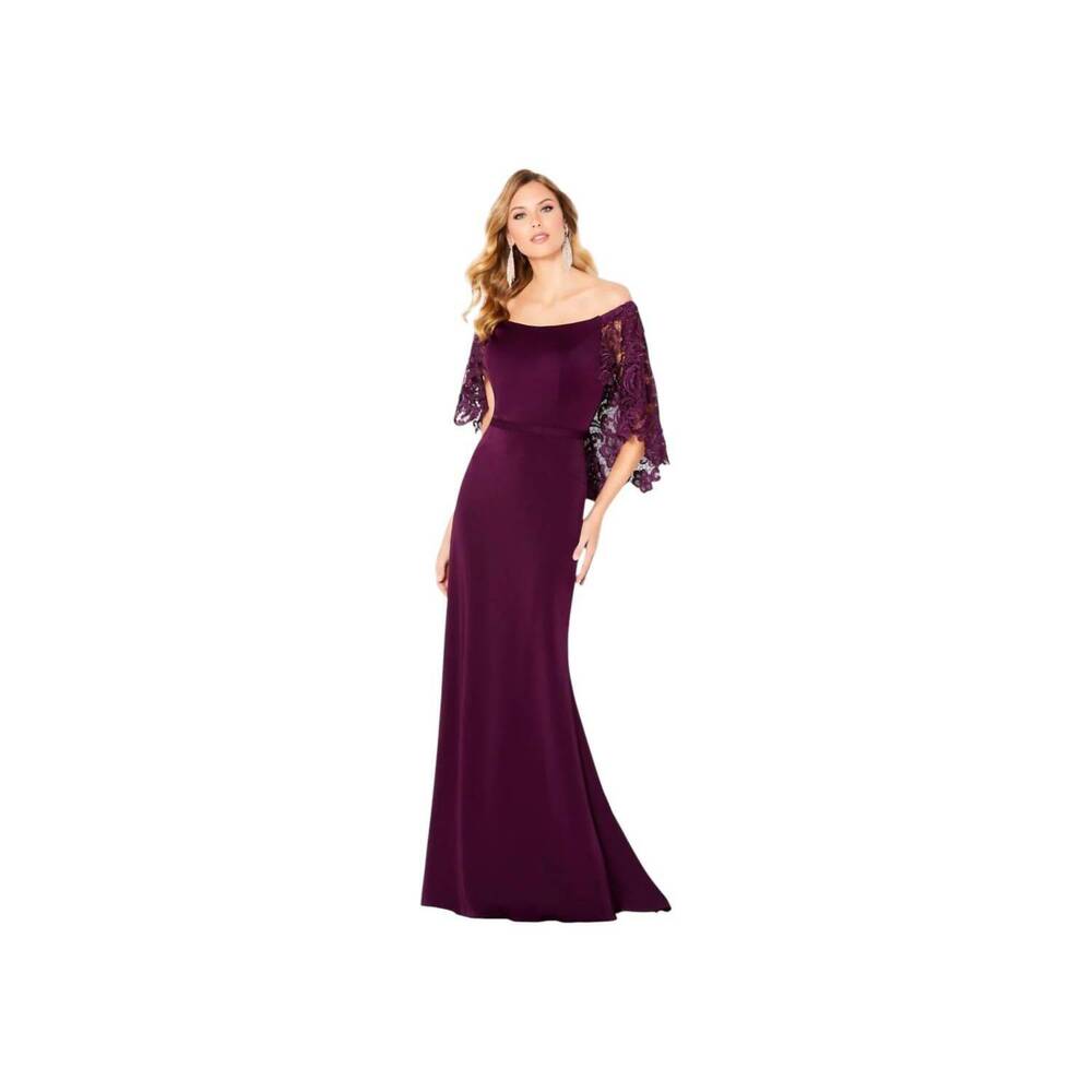 NEW MON CHERI off-the-shoulder fit and flare gown in eggplant